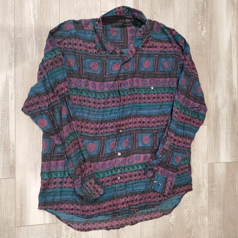 SANTANA Vintage 100% Silk Button Up Shirt Art Deco